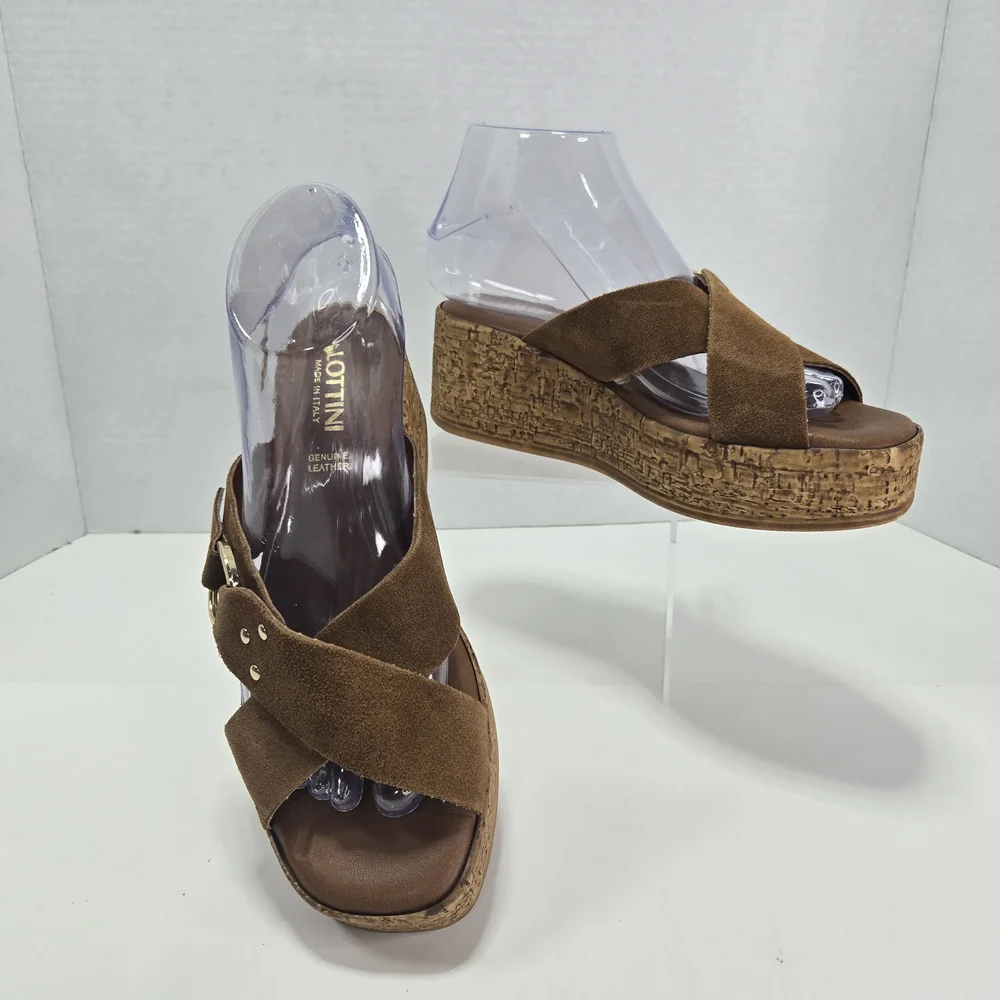Lottini Camel Suede Crisscross Cork Platform Wedge Sandals Size EU 37 US 6